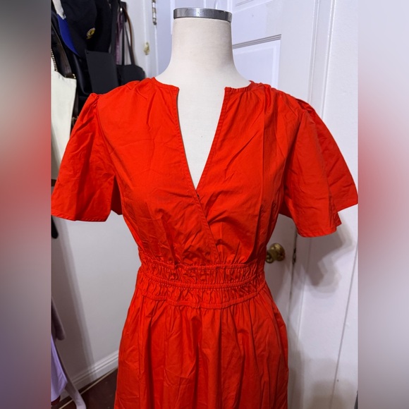 NWT! Women's Flutter Short Sleeve Poplin Midi A-Line Dress Red XS - Picture 8 of 9
